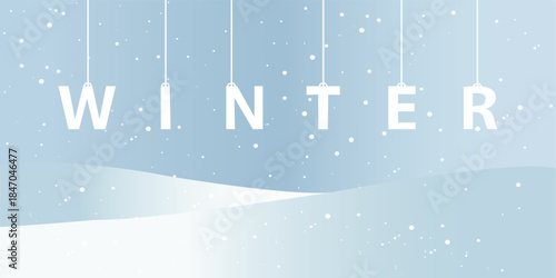 Winter snow scene vector background with falling white snowflakes and snowdrifts on a light blue gradient. Modern minimal seasonal template for holiday greeting, banner, poster, or wallpaper.