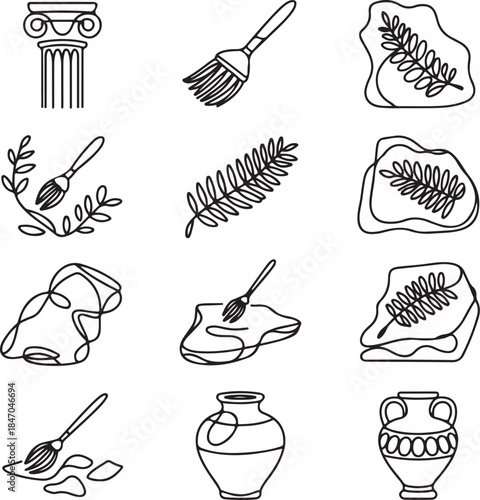 Archaeology icons, fossil excavation, ancient history, paleontologist brush, dinosaur bones, museum artifacts, historical ruins, digging tools, science discovery, line art vector