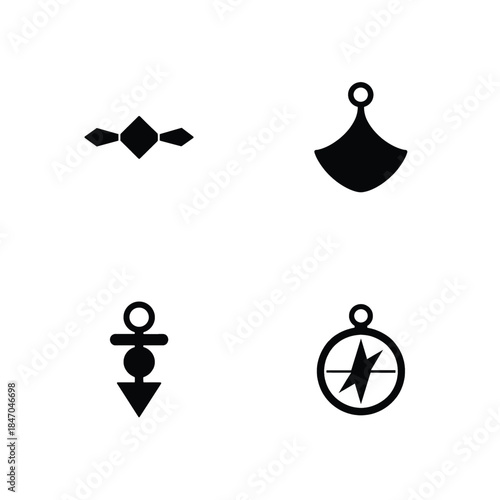 Four Black Silhouette Icons of Jewelry Charms and a Compass geometric diamond