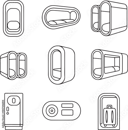 Capsule hotel, futuristic pod, sci-fi room, sleeping box, space architecture, modern hostel, technology housing, minimal living, smart home, line art vector