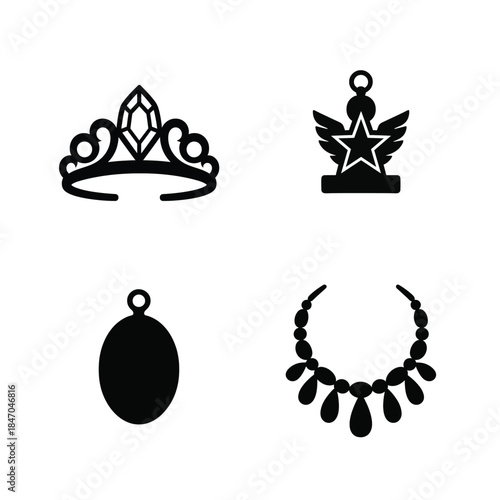 Collection of black jewelry icons including tiara pendant necklace and award crown