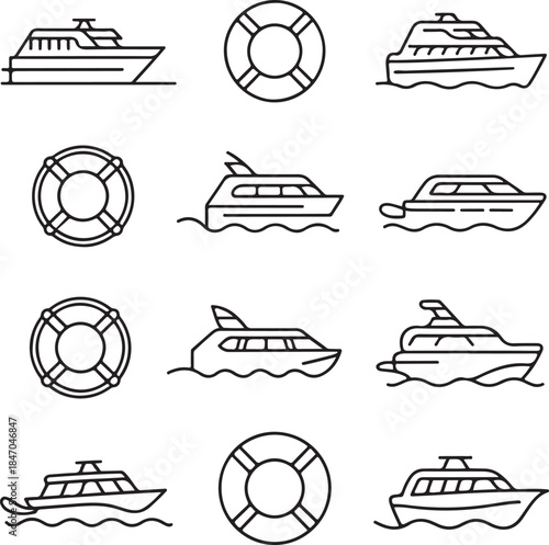 Yacht icons, speed boat, marine transport, sea travel, ocean cruise, lifebuoy safety, water vehicle, summer vacation, sailing ship, line art vector