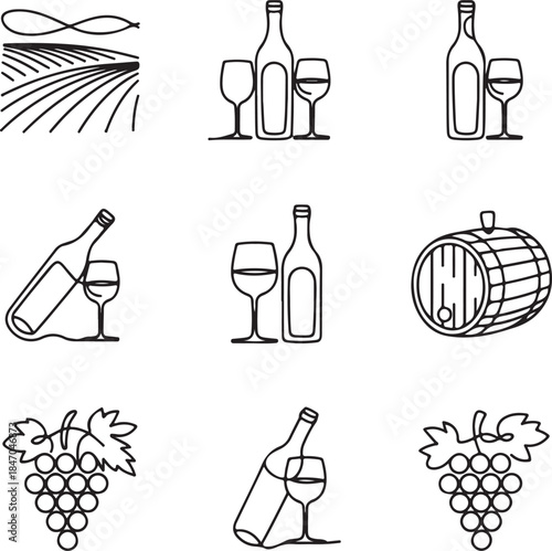 Wine icons, vineyard grapes, winery barrel, wine bottle, alcoholic drink, glass tasting, agriculture harvest, sommelier beverage, drinking concept, line art vector