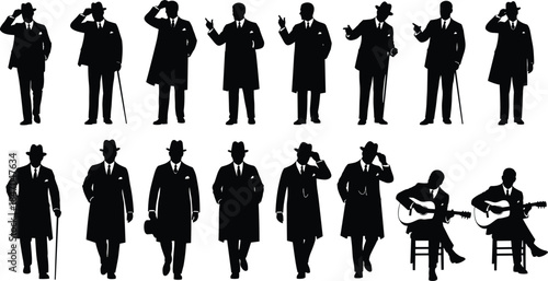 Vintage gentlemen black silhouettes in formal suits, classic style men with coat and hat collection, retro fashion figures with cane playing guitar vector illustration.