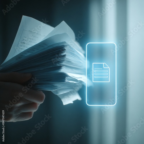 Digital Document Management: A Hand Holding Printed Papers with a Touch Icon Representing File Uploading and Organization