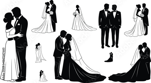 Wedding couple black silhouettes set, bride and groom in various poses, marriage celebration vector illustration, romantic love ceremony and formal attire collection.
