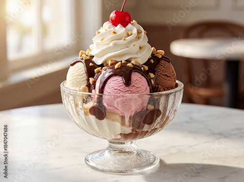 A classic ice cream sundae in a glass dish with vanilla, strawberry, and chocolate scoops, topped with hot fudge, whipped cream, crushed nuts, and a maraschino cherry.