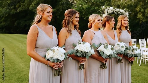 A beautiful wedding bridesmaids holding flower bouquets, with joyous expressions. They are dressed in elegant dresses, looking radiant and ready for the ceremony Stock Video