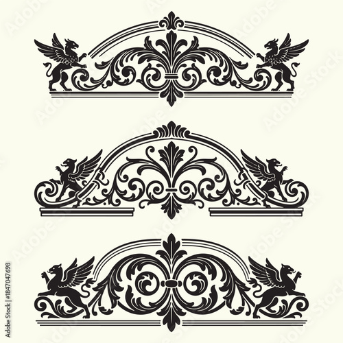 Griffin Heraldic Ornament Vector — Vintage Floral Scroll Arch Decoration