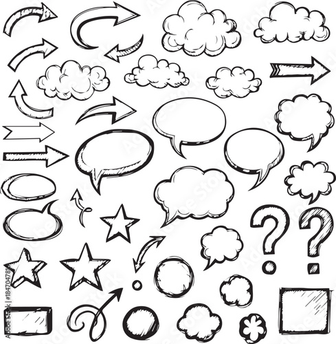 Hand-drawn doodle sketch element set of vector line shapes such as arrows, stars, flowers, sun, and clouds, combined with emotion signs, idea bulb, speech bubbles, and black ink accent .