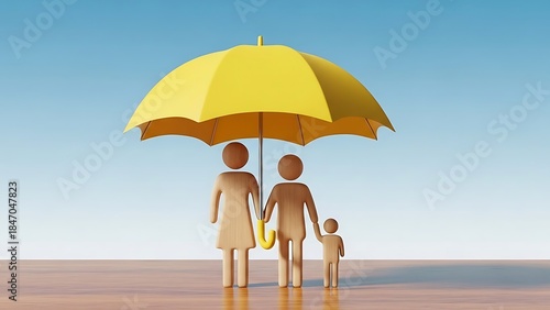 Family protection concept: three figures under a yellow umbrella representing security