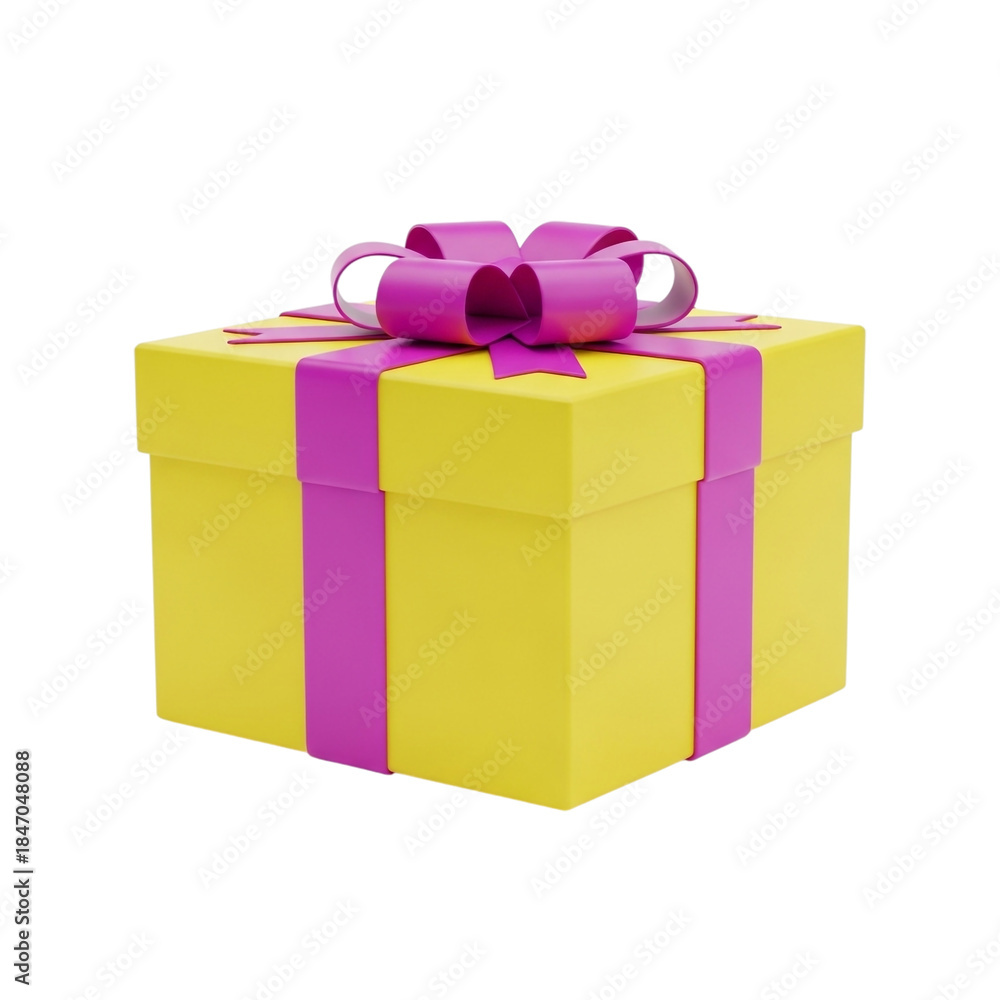 Obraz premium Beautiful yellow gift box with pink ribbon isolated on transparent background