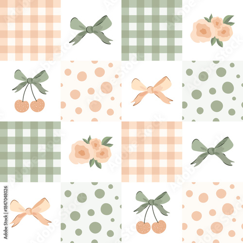 hounds tooth seamless patchwork pattern bow ribbon. Tartan check for tablecloths, napkins, clothes, packaging. Cute childish vector background, pastel palette, girlish, vintage, boho