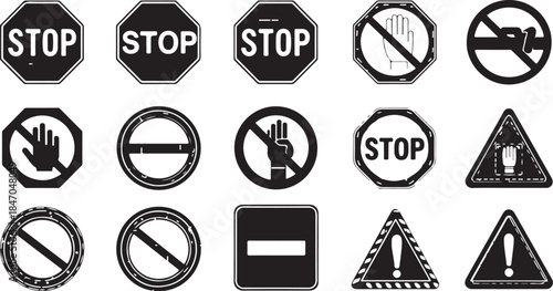 Assortment of Black and White Stop and Prohibition Signs and Symbols Keywords: stop sign, prohibition sign, no entry sign, hand stop sign, warning sign, caution sign, forbidden sign, danger sign