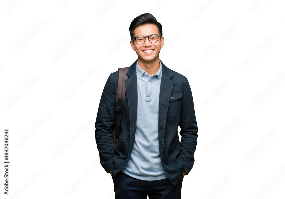 Fototapeta premium Young man smiling with backpack isolated on transparent background