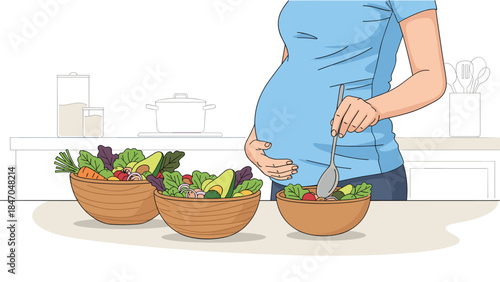 Pregnant woman preparing a healthy salad in the kitchen, emphasizing the importance of nutrition and a balanced diet during pregnancy.