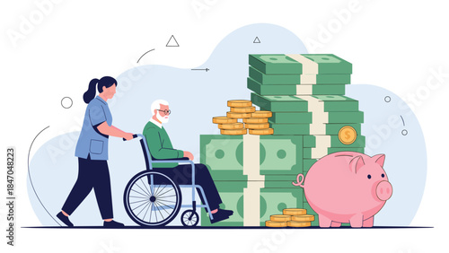 Nurse assisting an elderly man in a wheelchair next to a large pile of money and a piggy bank, representing retirement savings.