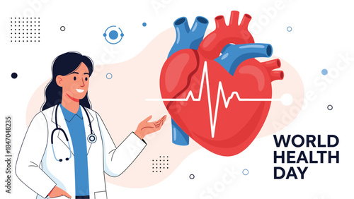 Female doctor with a stethoscope gesturing towards a large heart with a cardiogram, celebrating World Health Day and cardiology.