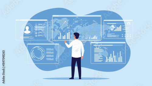 Businessman analyzing data on multiple interactive holographic screens and dashboards, showcasing futuristic technology and business.
