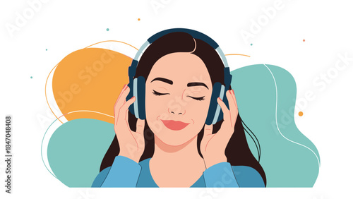 Happy young woman with closed eyes listening to her favorite music on headphones, relaxing and enjoying a peaceful moment of joy.