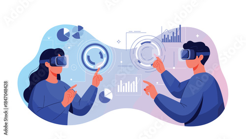 Man and woman colleagues wearing VR headsets collaborate on a project by analyzing data and charts on a virtual interface.