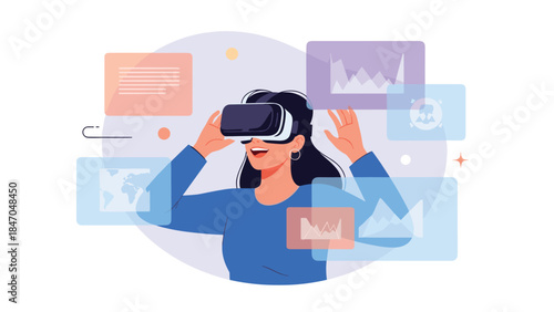 Excited woman wearing a VR headset joyfully interacting with multiple floating screens of data and charts in a virtual reality space.