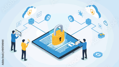 Isometric concept of data security with people working around a large tablet protected by a padlock, symbolizing cloud protection.