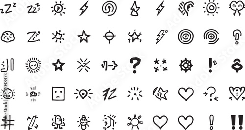 Assortment of hand-drawn black and white doodle icons including Zzz symbols, stars, lightning, suns, and hearts