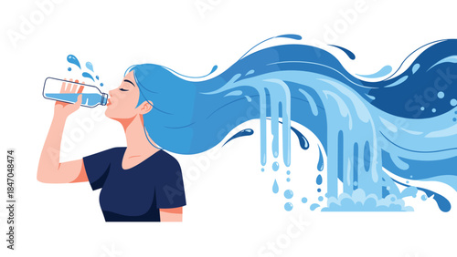 Creative concept of a woman drinking water where her blue hair transforms into a flowing waterfall, symbolizing deep hydration.