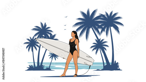 Beautiful surfer girl in a black swimsuit holding her surfboard on a tropical beach with palm trees, ready to catch some waves.