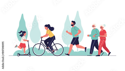 Multi-generational family enjoying a healthy and active lifestyle together, exercising outdoors in a city park with green trees.