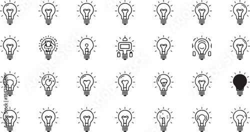 Assortment of light bulb icons with various internal designs and a single solid black light bulb on a white background