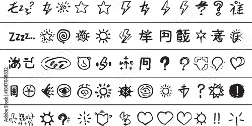 Assortment of hand-drawn doodle icons including Zzz symbols, stars, lightning bolts, suns, questions, and hearts