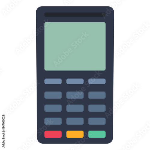 POS terminal with contactless card payment. Cashier machine icon for digital retail. Modern payment system illustration with tap screen isolated on white.