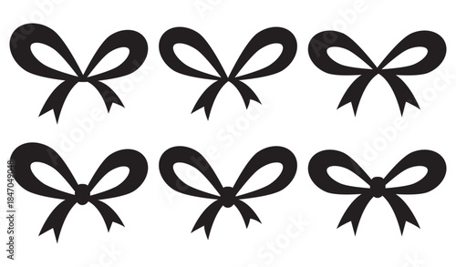 Elegant gift bow set with decorative ribbon loops, perfect for festive cards, present packaging designs and celebration graphics with minimalist charm. Vector illustration isolated on white.