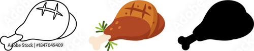 Roasted chicken drumstick with herbs and bone vector illustration set, outline and silhouette versions.