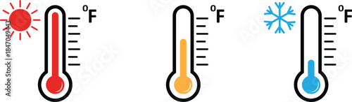 Thermometer vector icon set showing temperature levels. Weather forecast graphic with hot and cold indicators. Thermometer with temperature scale vector illustrator isolated on transparent background.