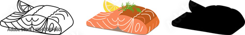 Fresh salmon fish fillet with lemon and dill, healthy seafood vector illustration set.