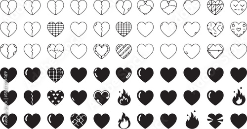 Collection of Diverse Heart Icons Including Broken Hearts Flames and Decorative Patterns Keywords: heart, hearts, broken heart, love, romance, Valentines Day, symbol, icon, graphic, design