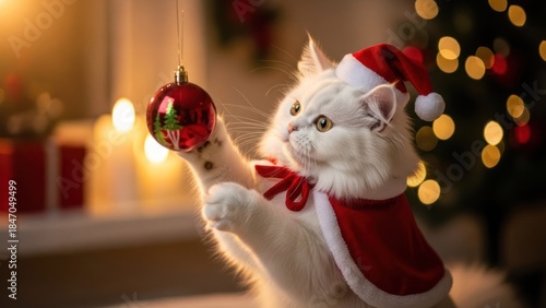White fluffy cat in Santa outfit plays with red Christmas bauble, festive background