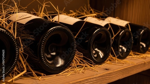 Wine bottles arranged on wood shelf with straw, warm lighting