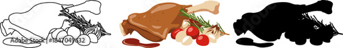 Roasted duck leg with garlic, tomatoes and rosemary, gourmet meat dish vector illustration set.