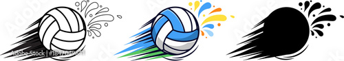Flying volleyball with speed motion trail and colorful splash, sports tournament logo vector set.
