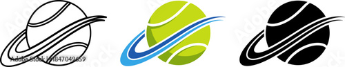 Abstract tennis ball with orbiting swoosh lines, sports branding or club identity logo vector set.