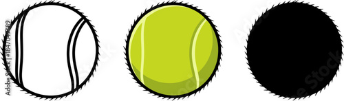 Realistic tennis ball with felt texture detail, sports equipment icon set in color and black and white.