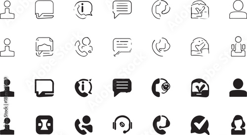Collection of Outline and Filled Icons for Communication and User Interaction Keywords: user, person, profile, speech bubble, chat bubble, information icon, phone call, check mark, stamp, contact