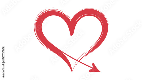 Hand drawn red heart pierced by love arrow on white