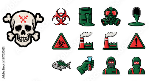 Pollution hazard symbols and icons depicting toxic waste skull biohazard and contamination