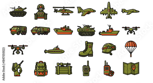 Army icons with planes boats tanks boots parachute backpack maps and communication tools