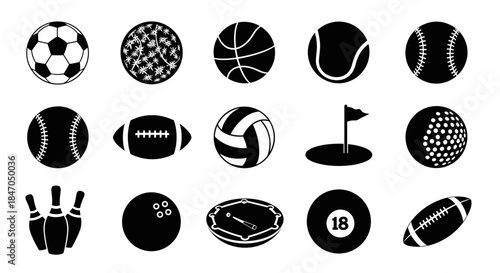 Various sports balls and equipment in a minimalist outlined style on a dark background